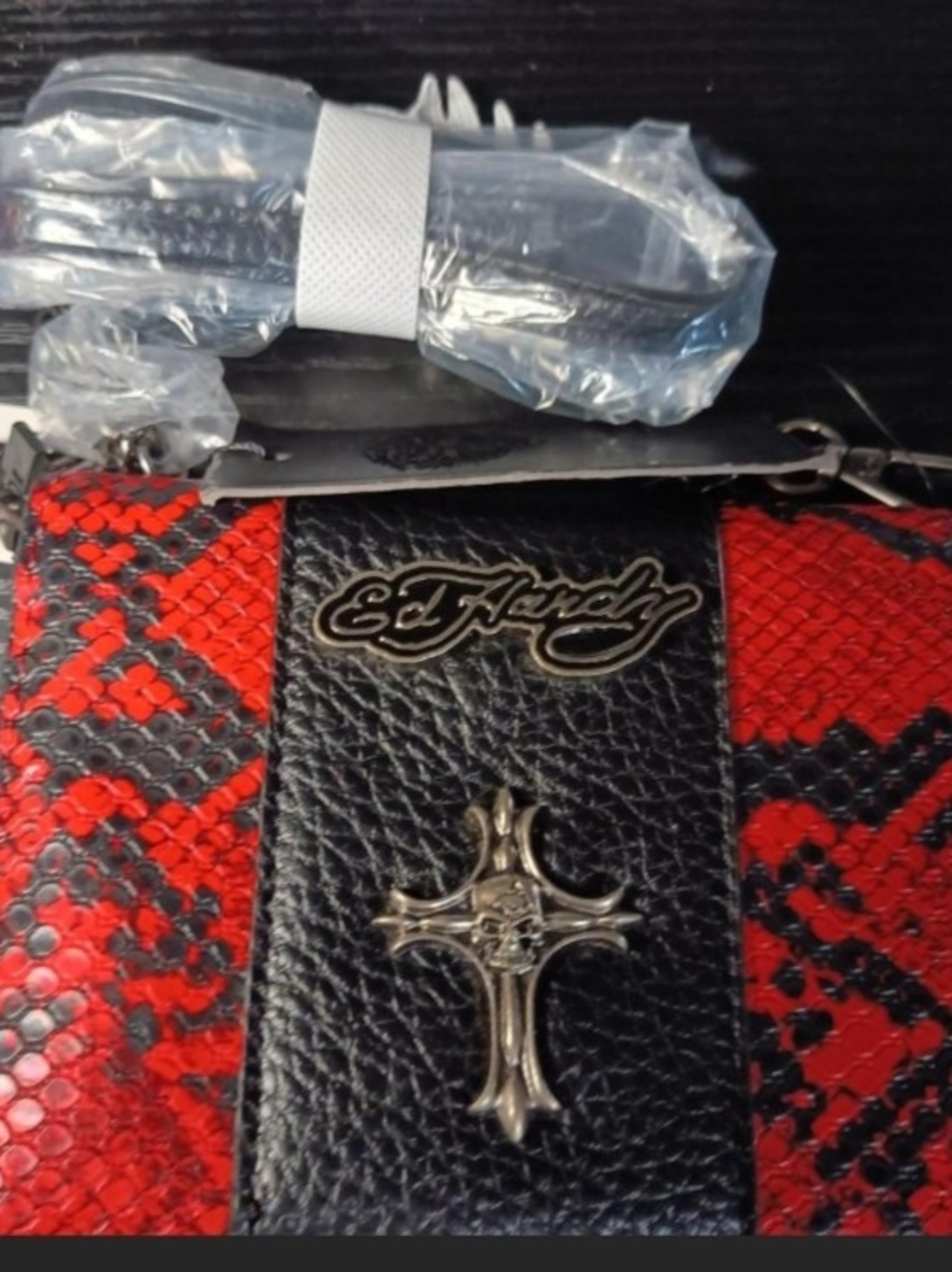 Ed Hardy Red & Black Snake-Print Cross Accent Belt Bag
